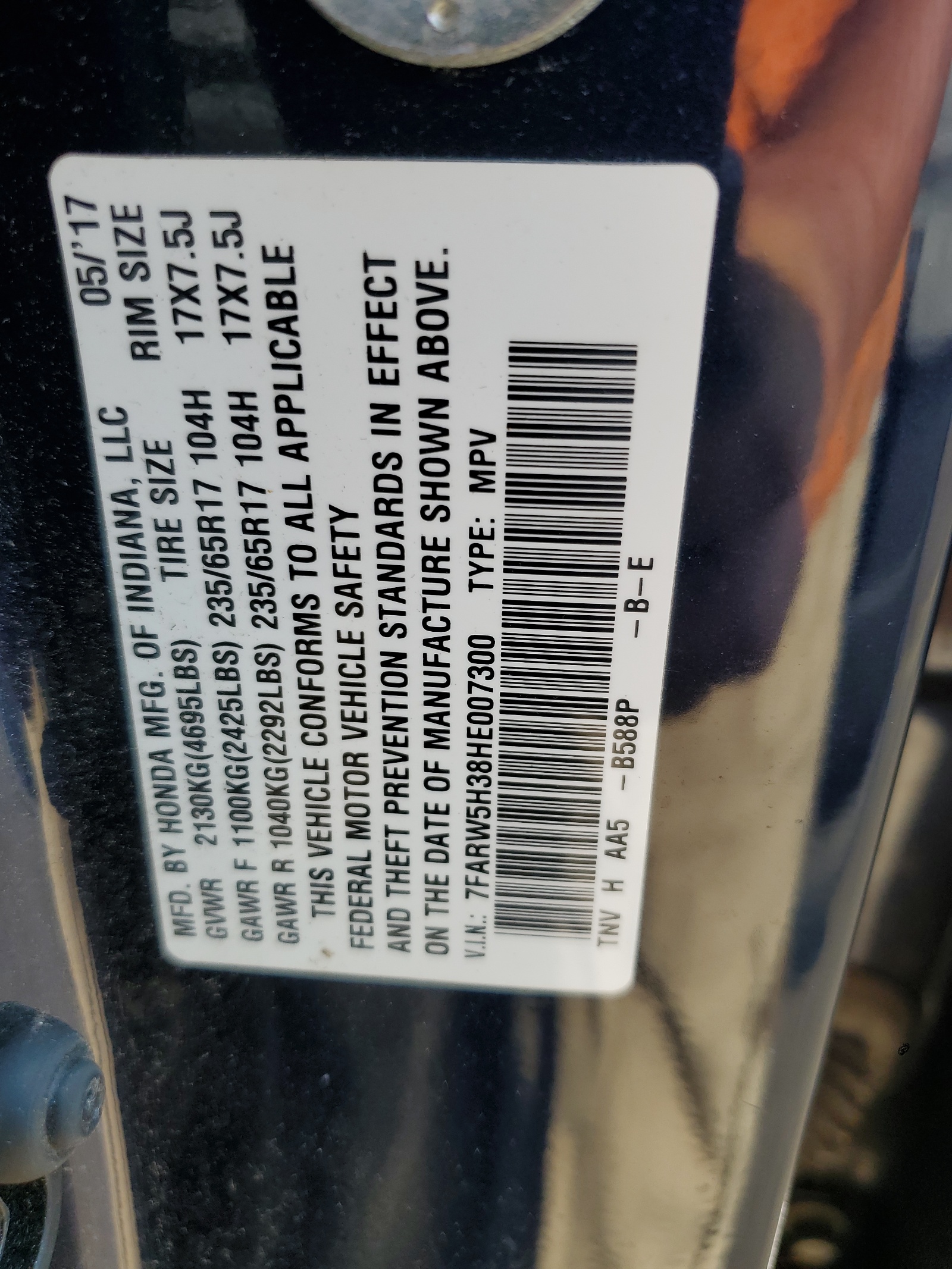 7FARW5H38HE007300 2017 Honda Cr-V Lx