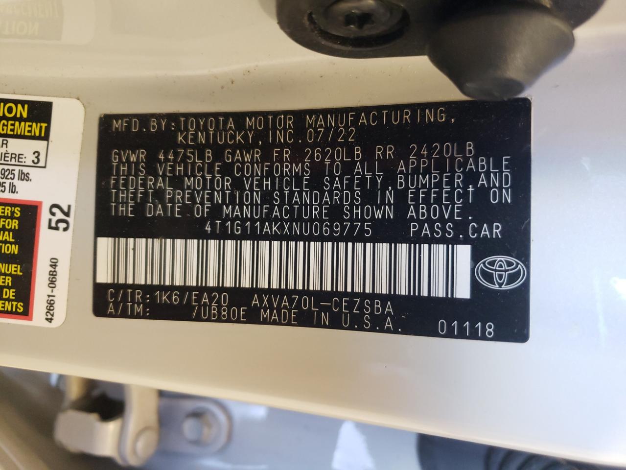 4T1G11AKXNU069775 2022 Toyota Camry Se