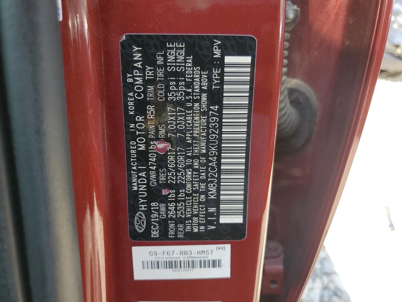 2019 Hyundai Tucson Se VIN: KM8J2CA49KU923974 Lot: 67068484