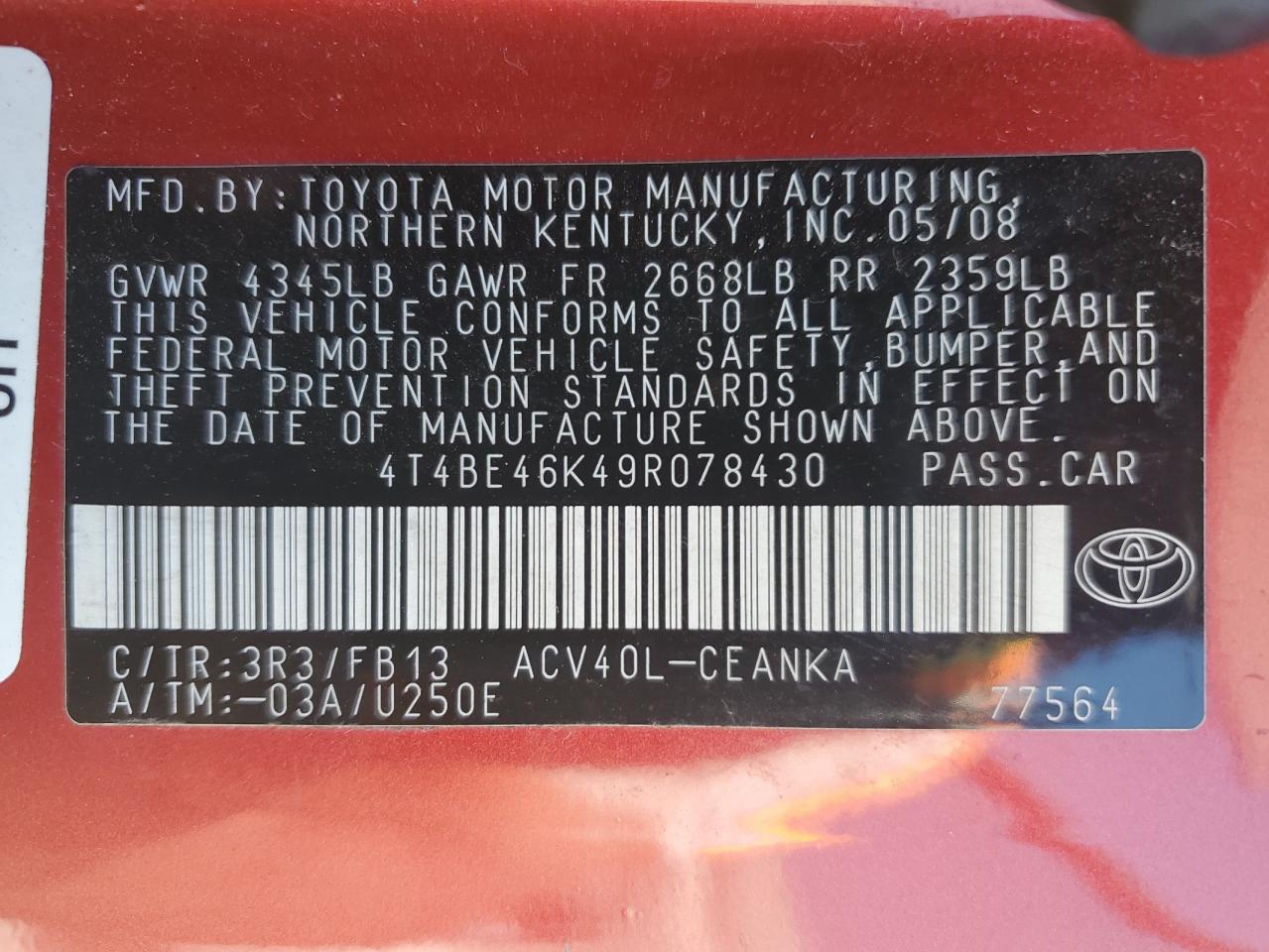 4T4BE46K49R078430 2009 Toyota Camry Base