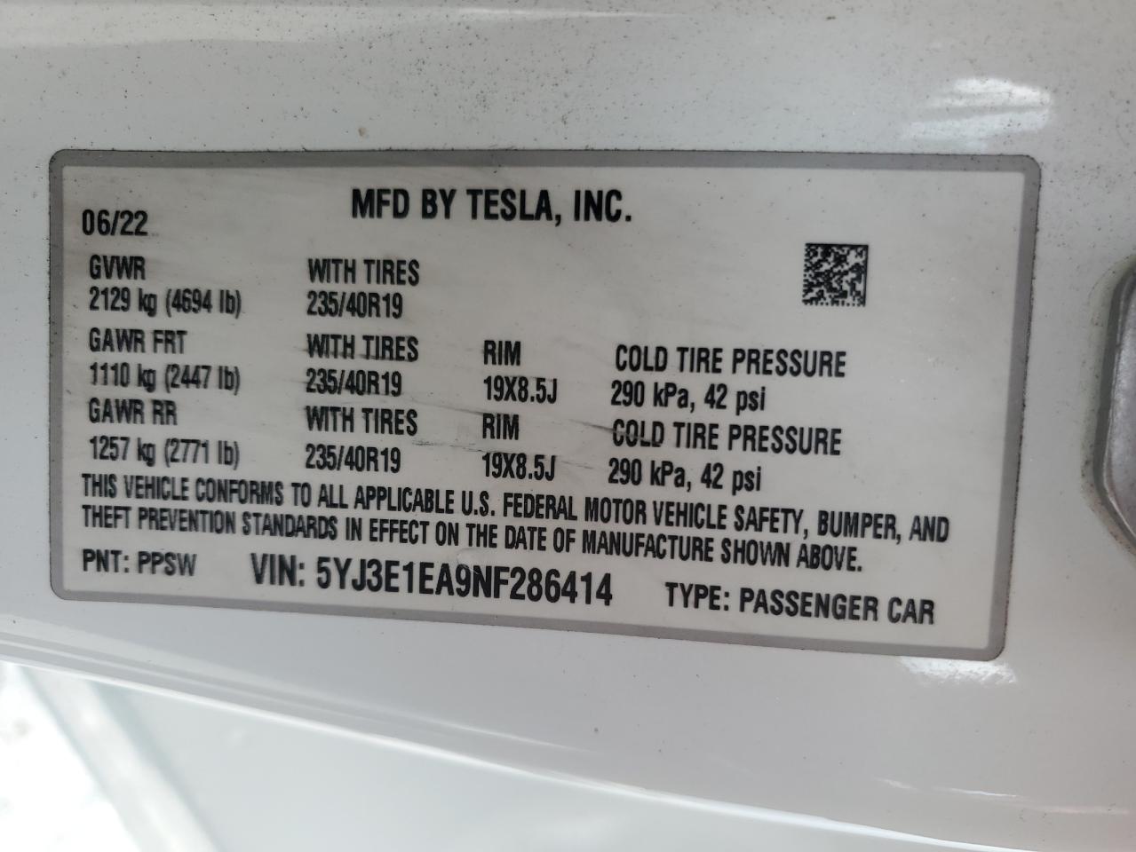 5YJ3E1EA9NF286414 2022 Tesla Model 3