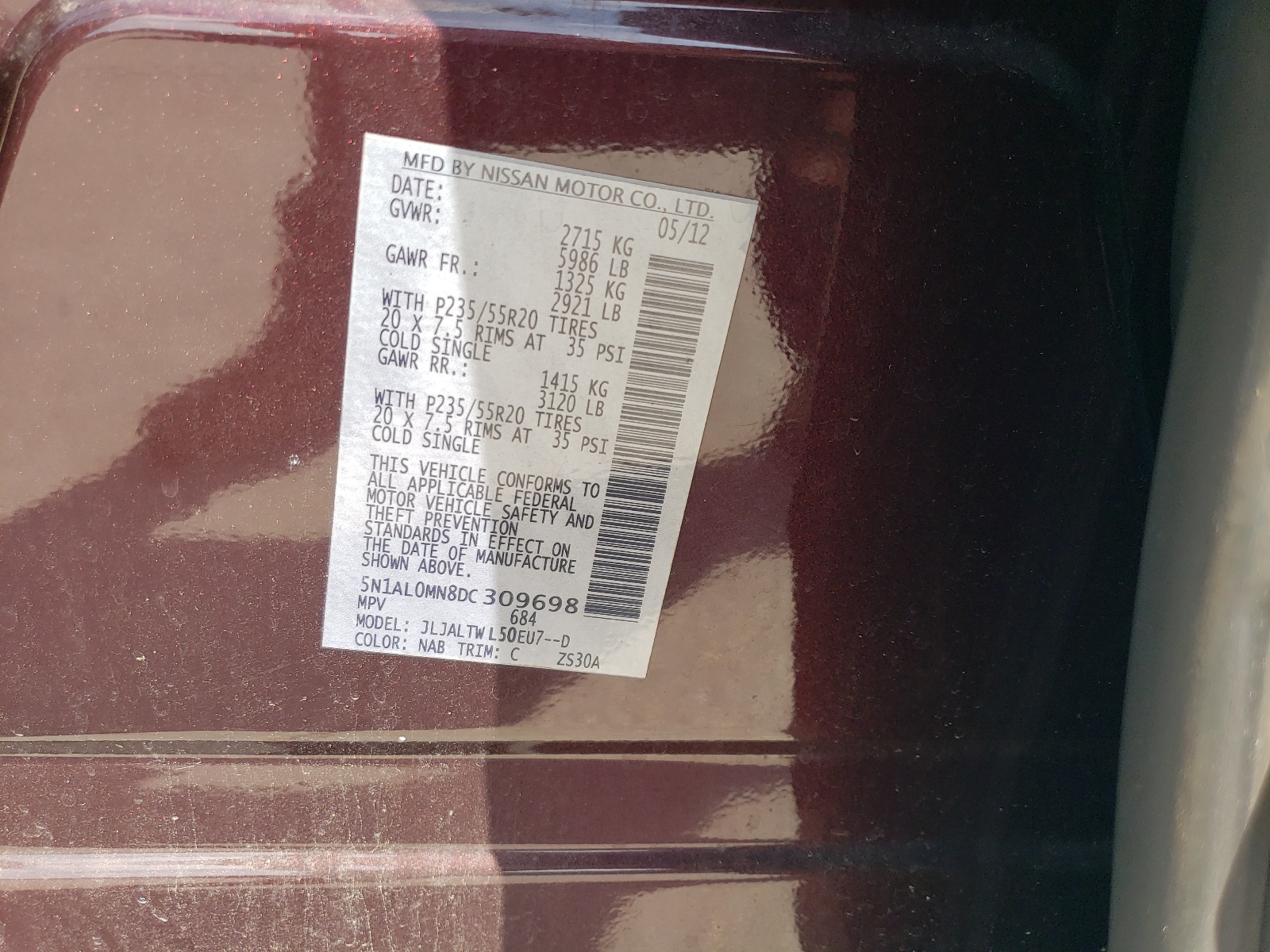 5N1AL0MN8DC309698 2013 Infiniti Jx35