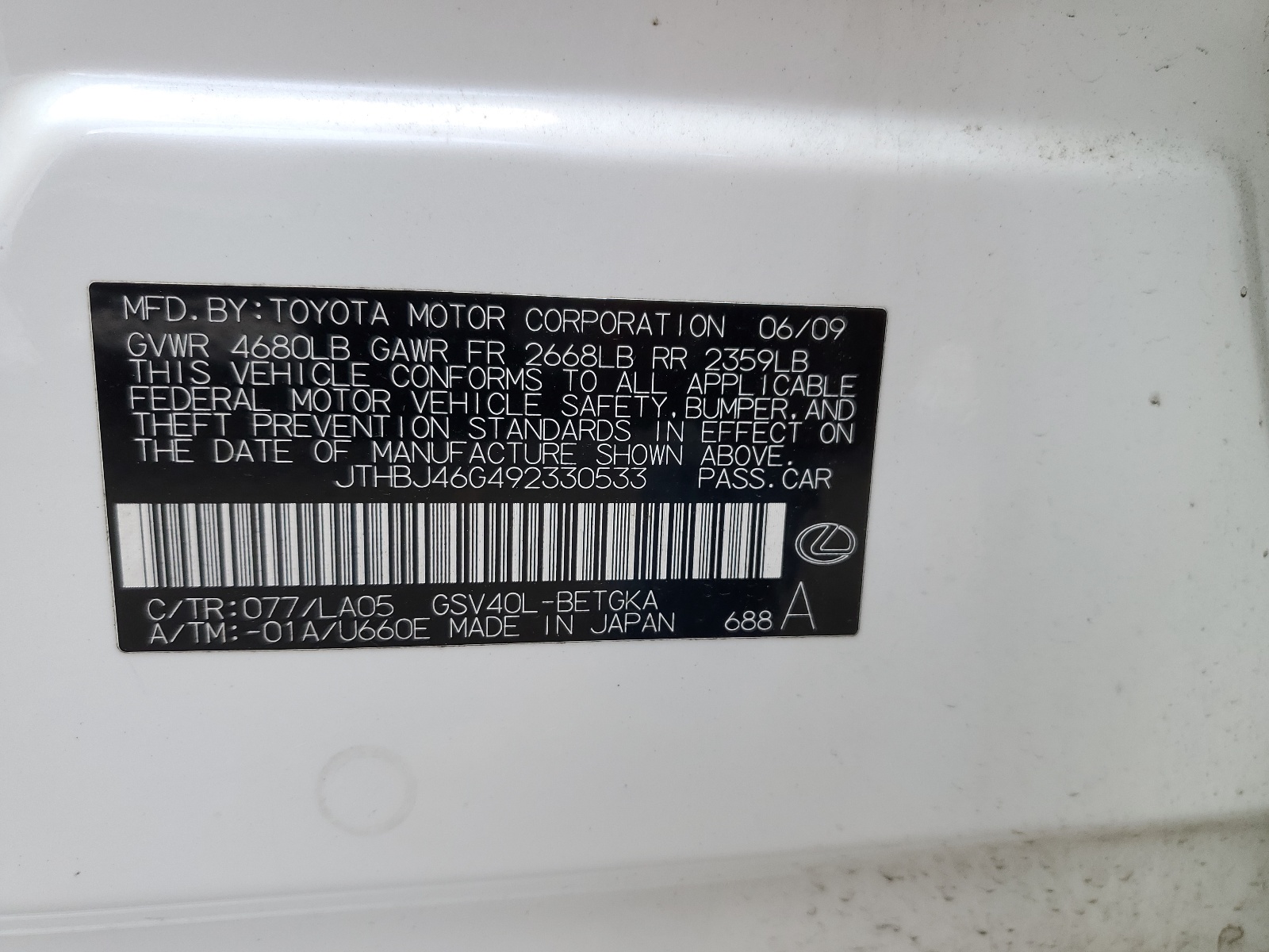 JTHBJ46G492330533 2009 Lexus Es 350