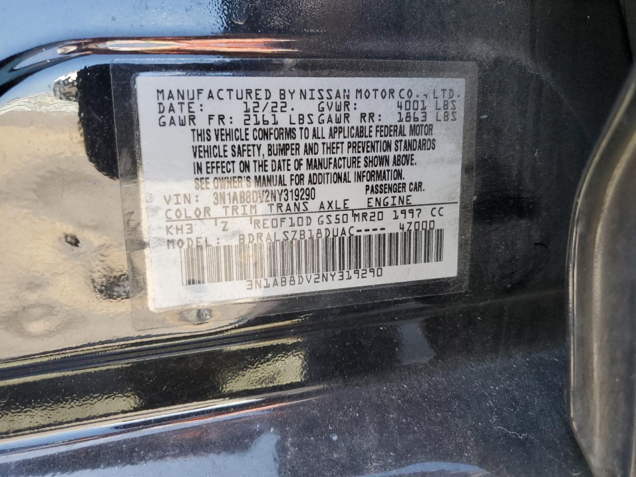 3N1AB8DV2NY319290 2022 Nissan Sentra Sr