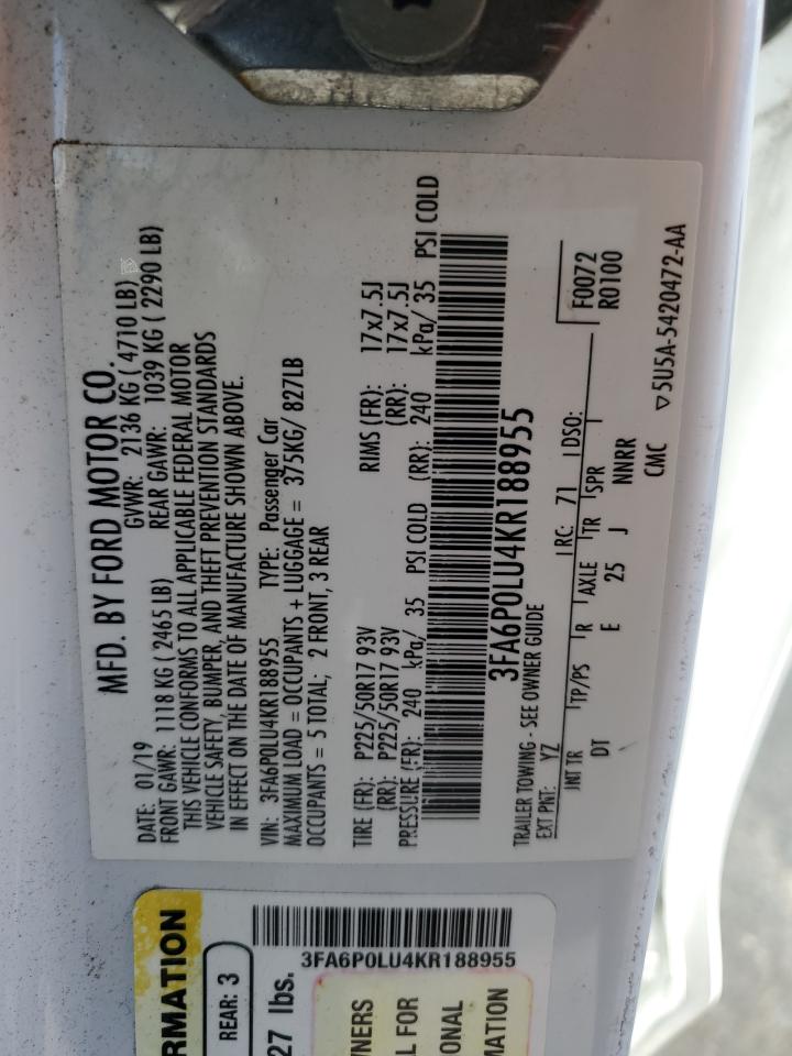 2019 Ford Fusion Se VIN: 3FA6P0LU4KR188955 Lot: 66038554