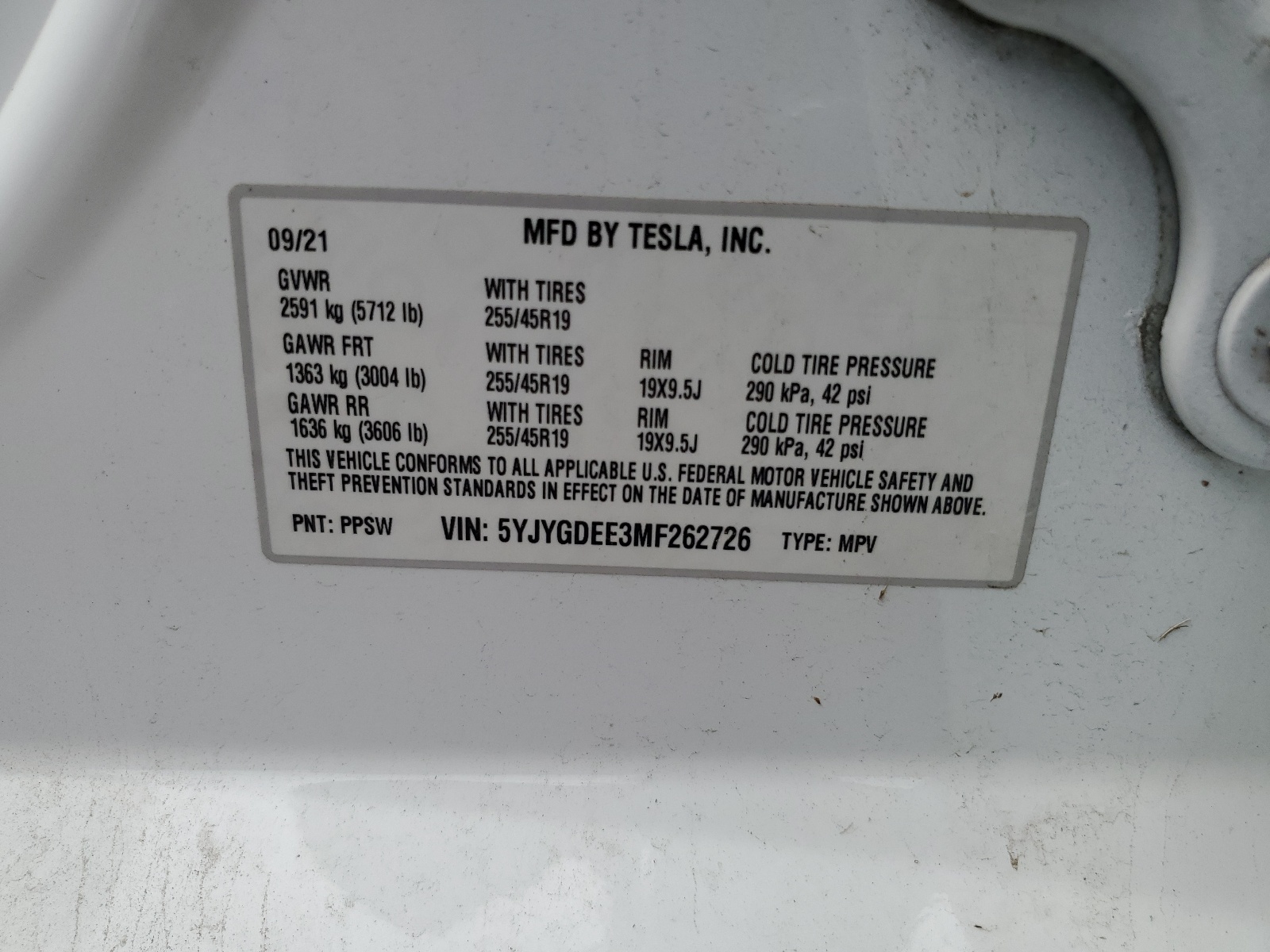 5YJYGDEE3MF262726 2021 Tesla Model Y