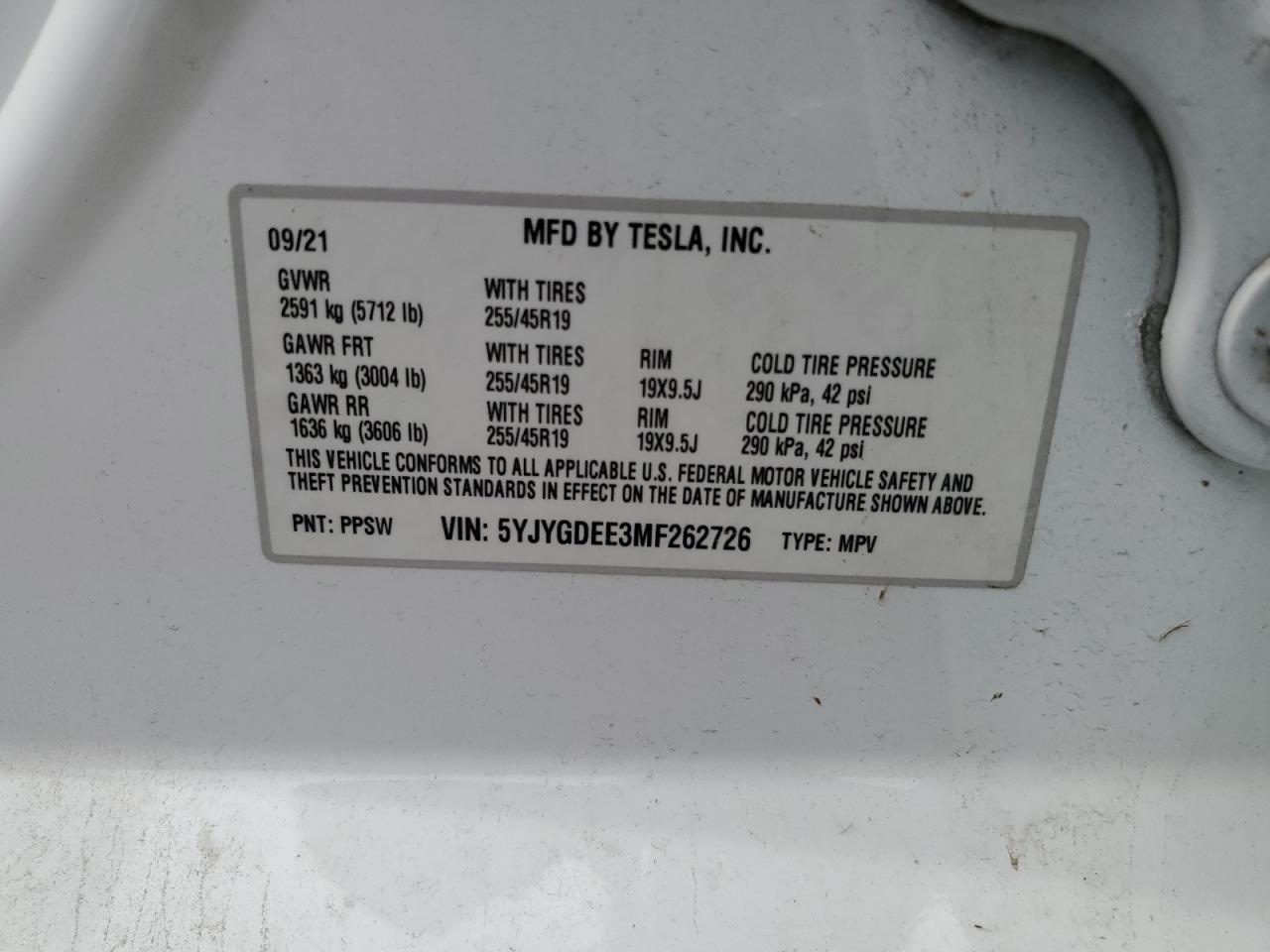 2021 Tesla Model Y VIN: 5YJYGDEE3MF262726 Lot: 69175224