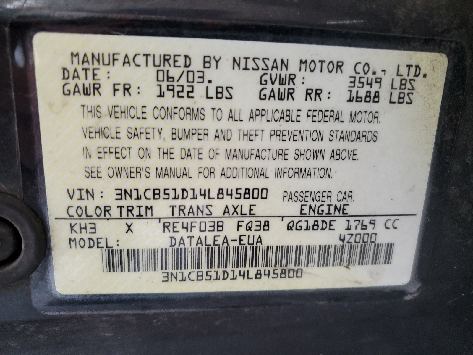 3N1CB51D14L845800 2004 Nissan Sentra 1.8