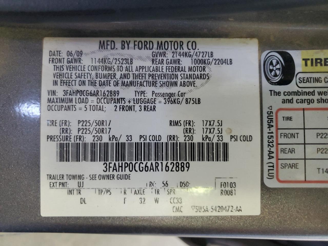 2010 Ford Fusion Sel VIN: 3FAHP0CG6AR162889 Lot: 66170514