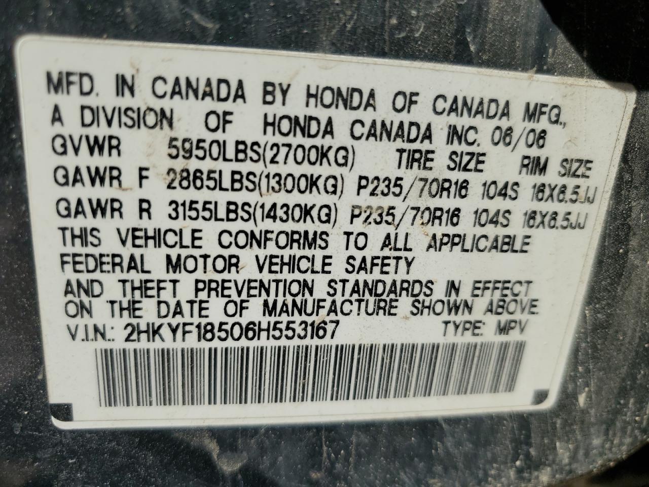 2006 Honda Pilot Ex VIN: 2HKYF18506H553167 Lot: 66139514