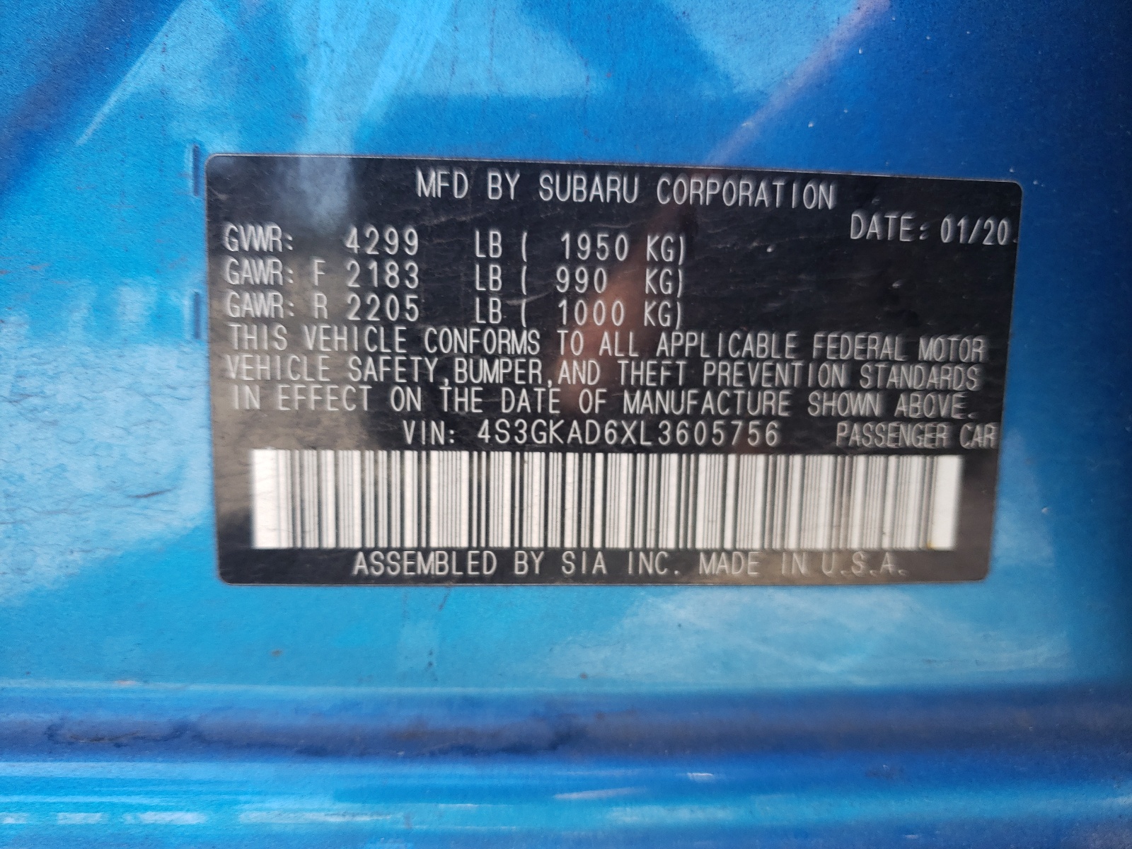 4S3GKAD6XL3605756 2020 Subaru Impreza Premium