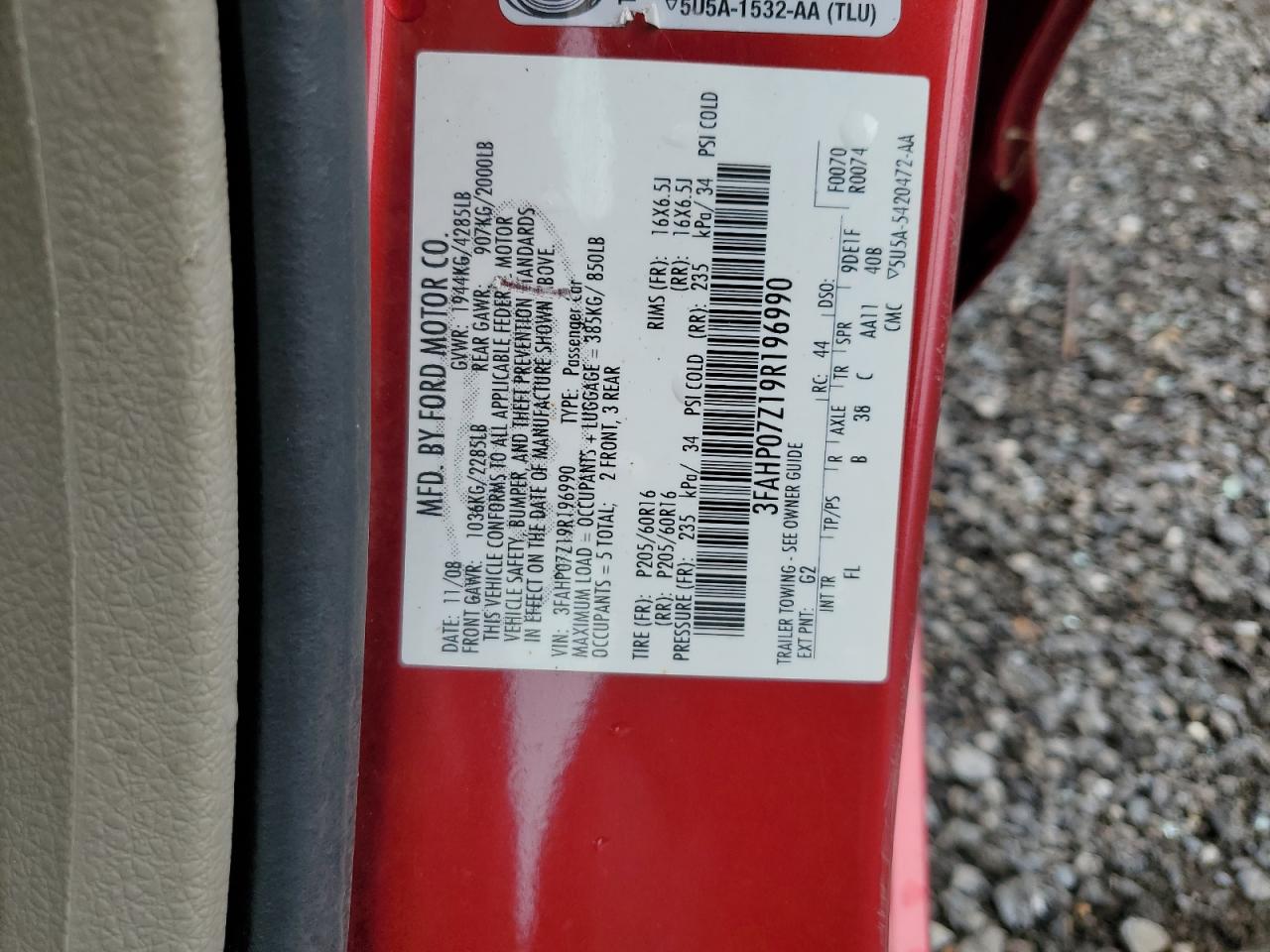 2009 Ford Fusion Se VIN: 3FAHP07Z19R196990 Lot: 65831244