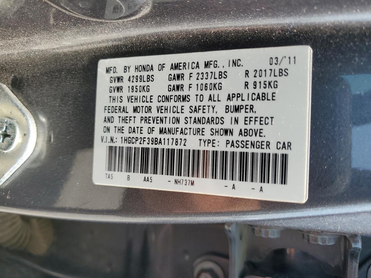 1HGCP2F39BA117872 2011 Honda Accord Lx