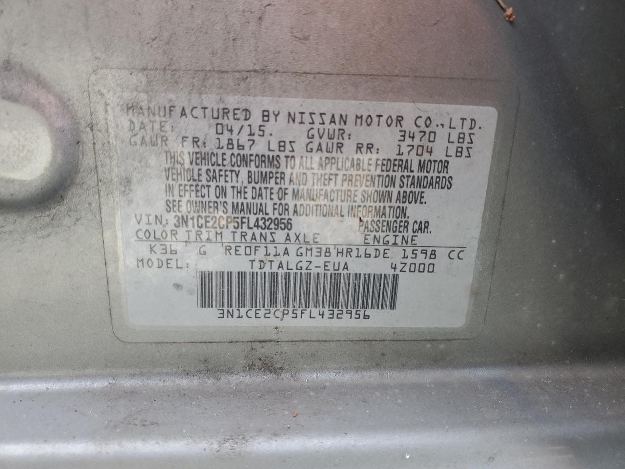 3N1CE2CP5FL432956 2015 Nissan Versa Note S