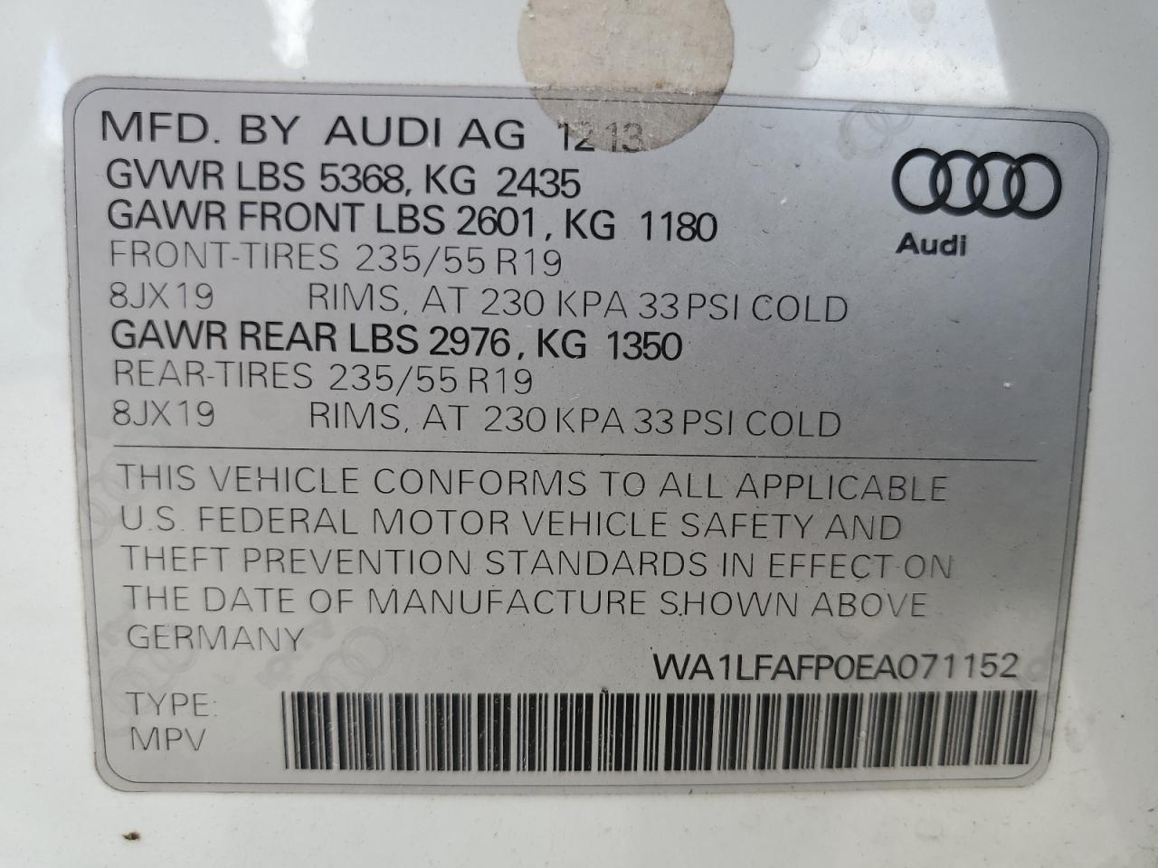 2014 Audi Q5 Premium Plus VIN: WA1LFAFP0EA071152 Lot: 66073214