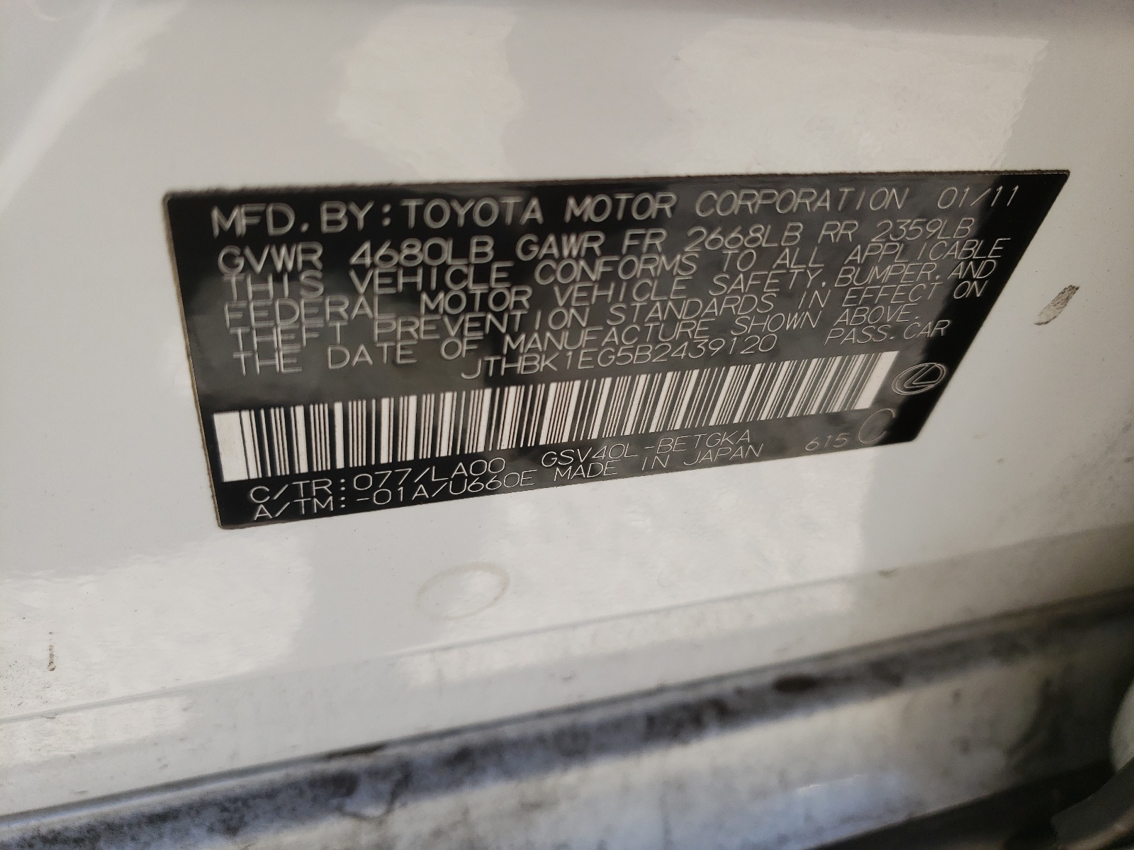 JTHBK1EG5B2439120 2011 Lexus Es 350