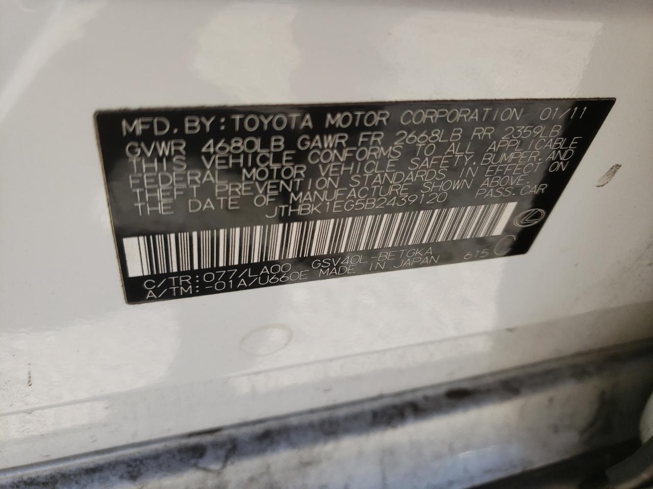 2011 Lexus Es 350 VIN: JTHBK1EG5B2439120 Lot: 66821764