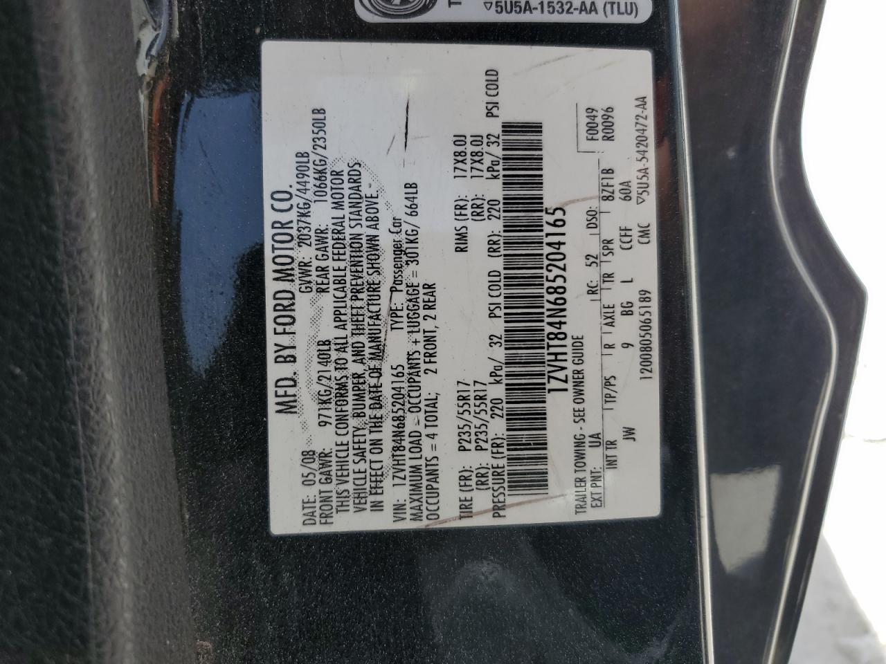 2008 Ford Mustang VIN: 1ZVHT84N685204165 Lot: 65668594