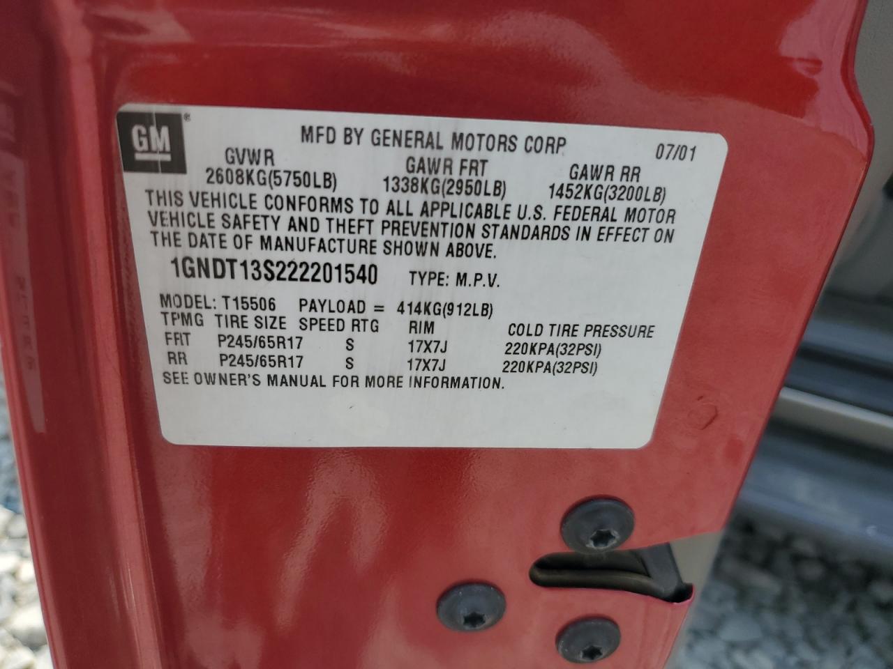 2002 Chevrolet Trailblazer VIN: 1GNDT13S222201540 Lot: 65829054