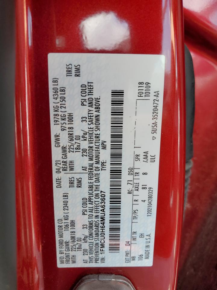 2021 Ford Escape Sel VIN: 1FMCU0H64MUA63607 Lot: 66994394