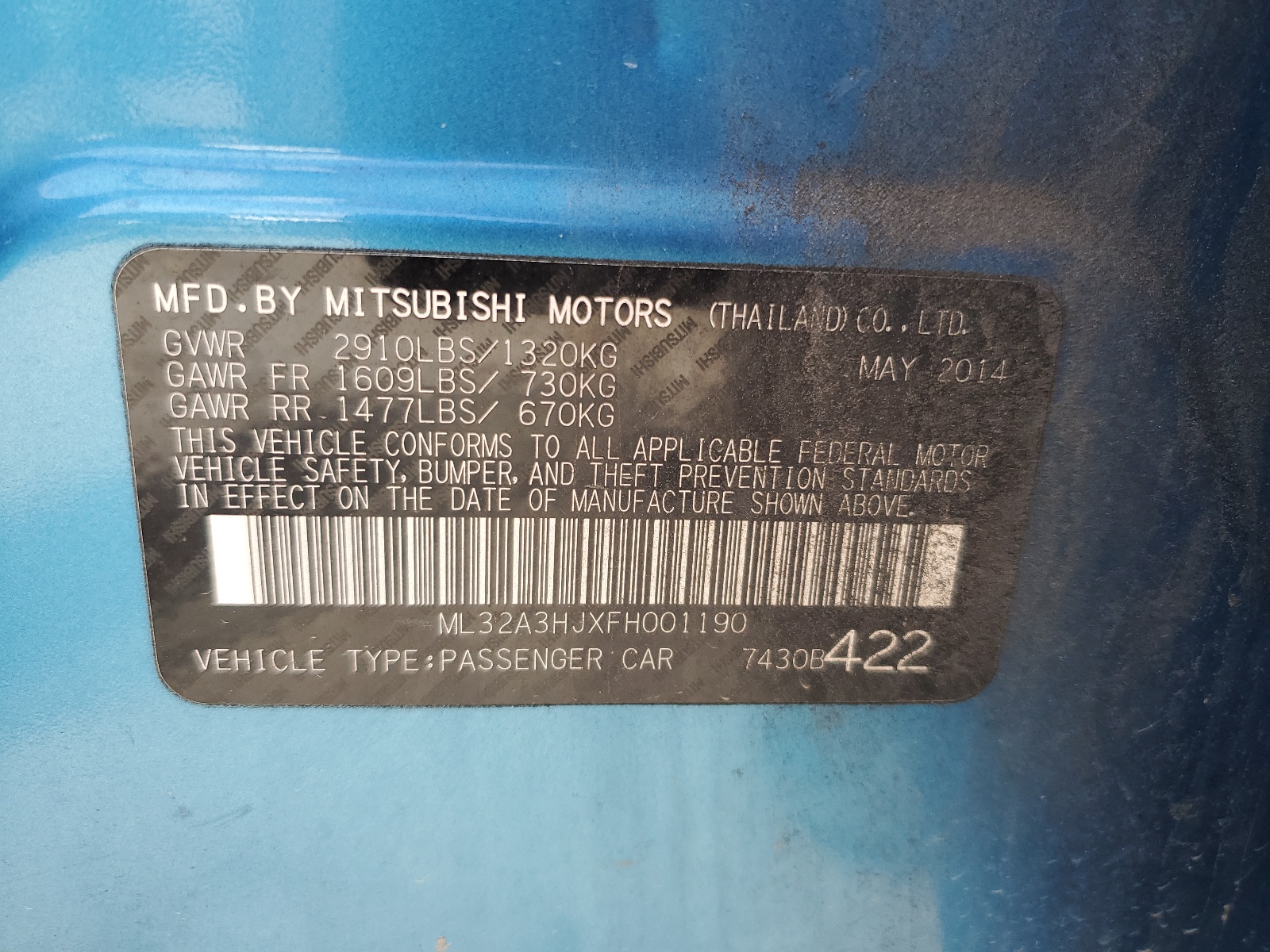 ML32A3HJXFH001190 2015 Mitsubishi Mirage De