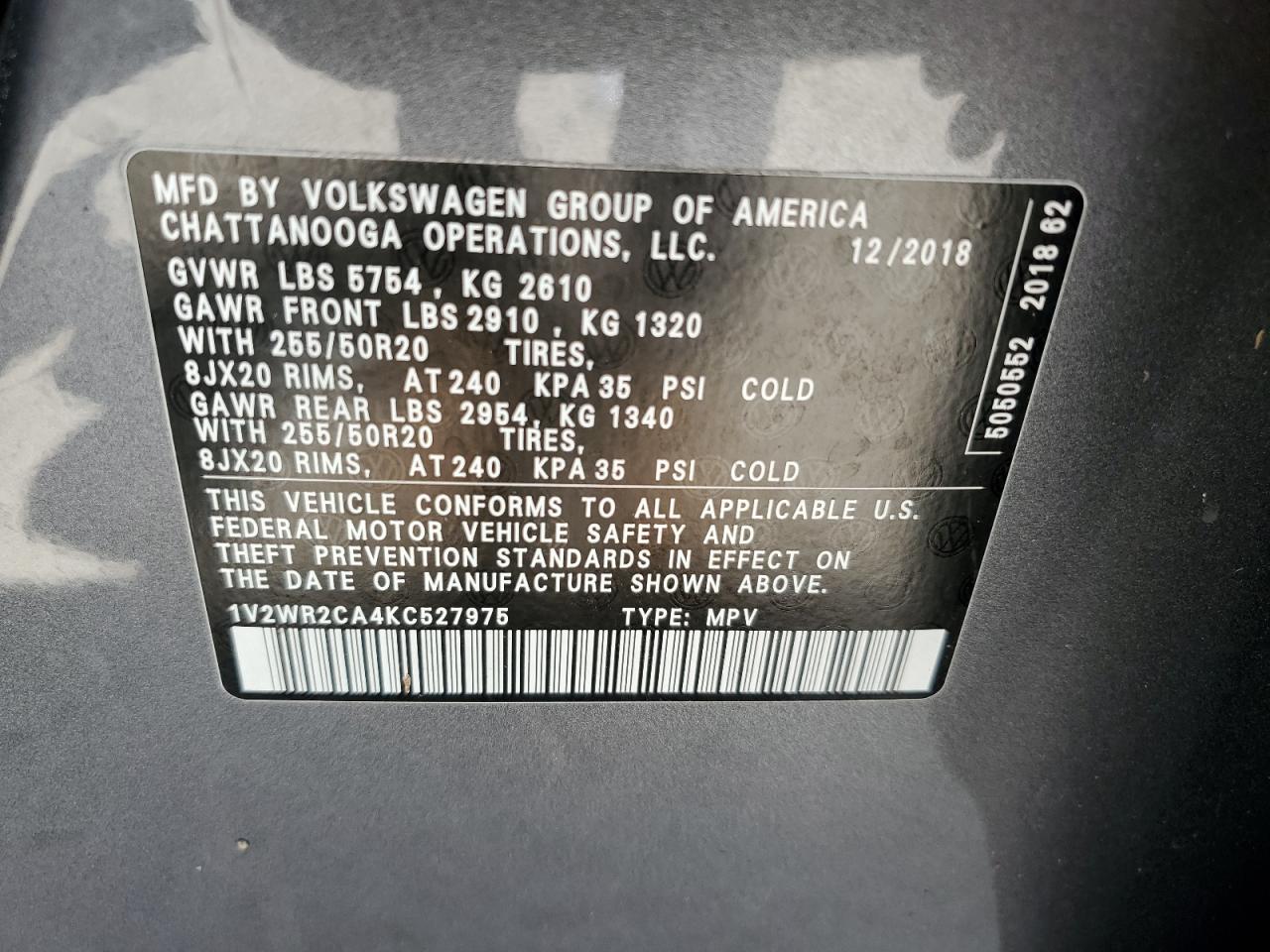 1V2WR2CA4KC527975 2019 Volkswagen Atlas Se