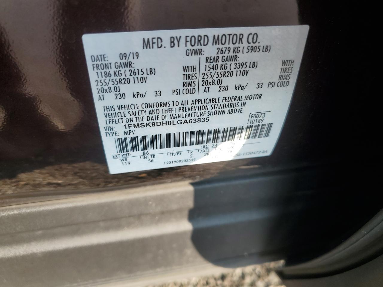 2020 Ford Explorer Xlt VIN: 1FMSK8DH0LGA63835 Lot: 64804644