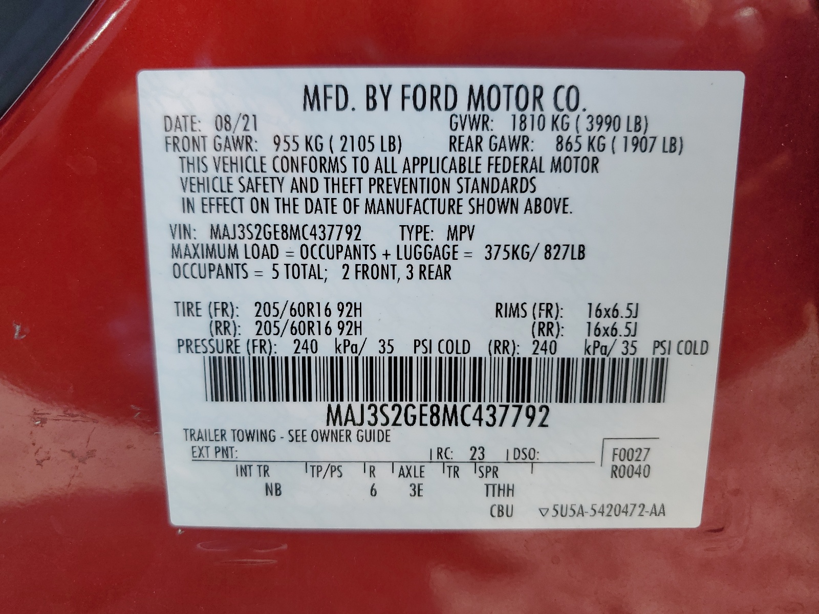 MAJ3S2GE8MC437792 2021 Ford Ecosport Se