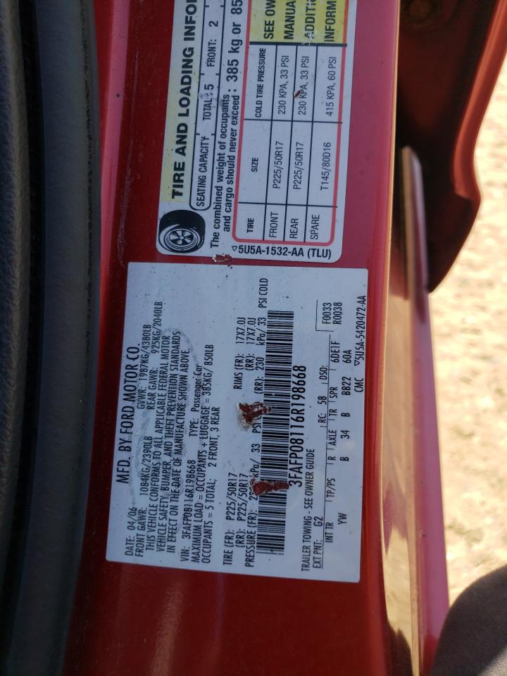 2006 Ford Fusion Sel VIN: 3FAFP08116R198668 Lot: 65969514