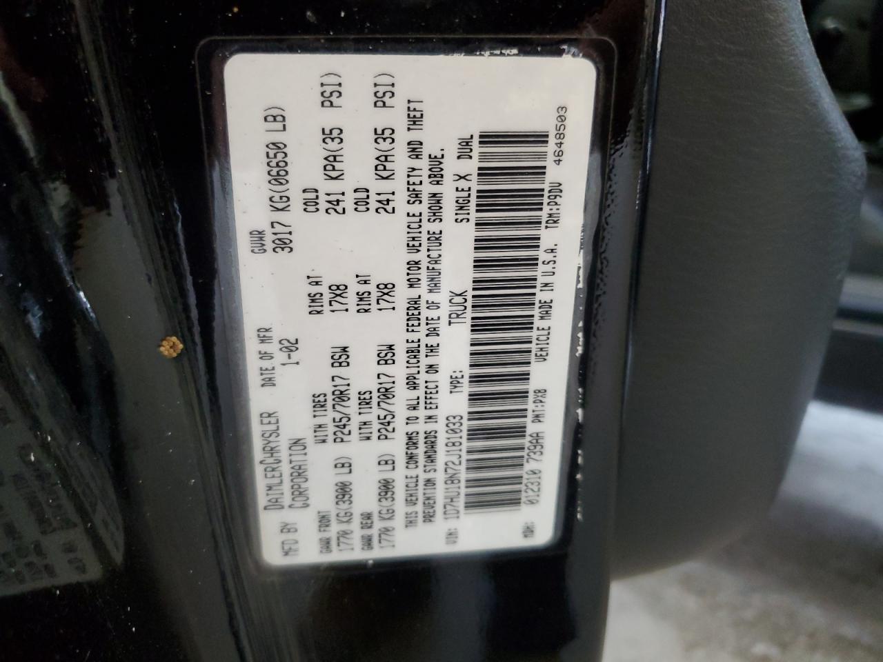 2002 Dodge Ram 1500 VIN: 1D7HU18N72J181033 Lot: 66226274