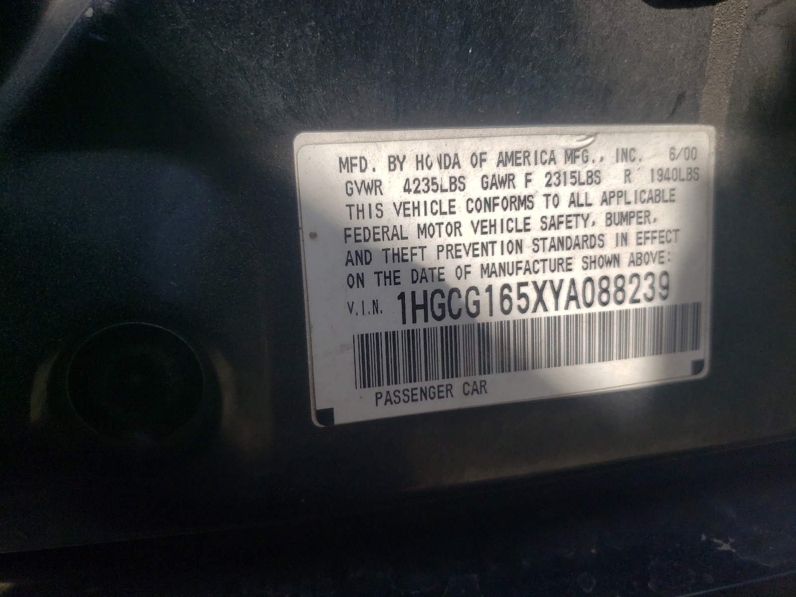 1HGCG165XYA088239 2000 Honda Accord Ex