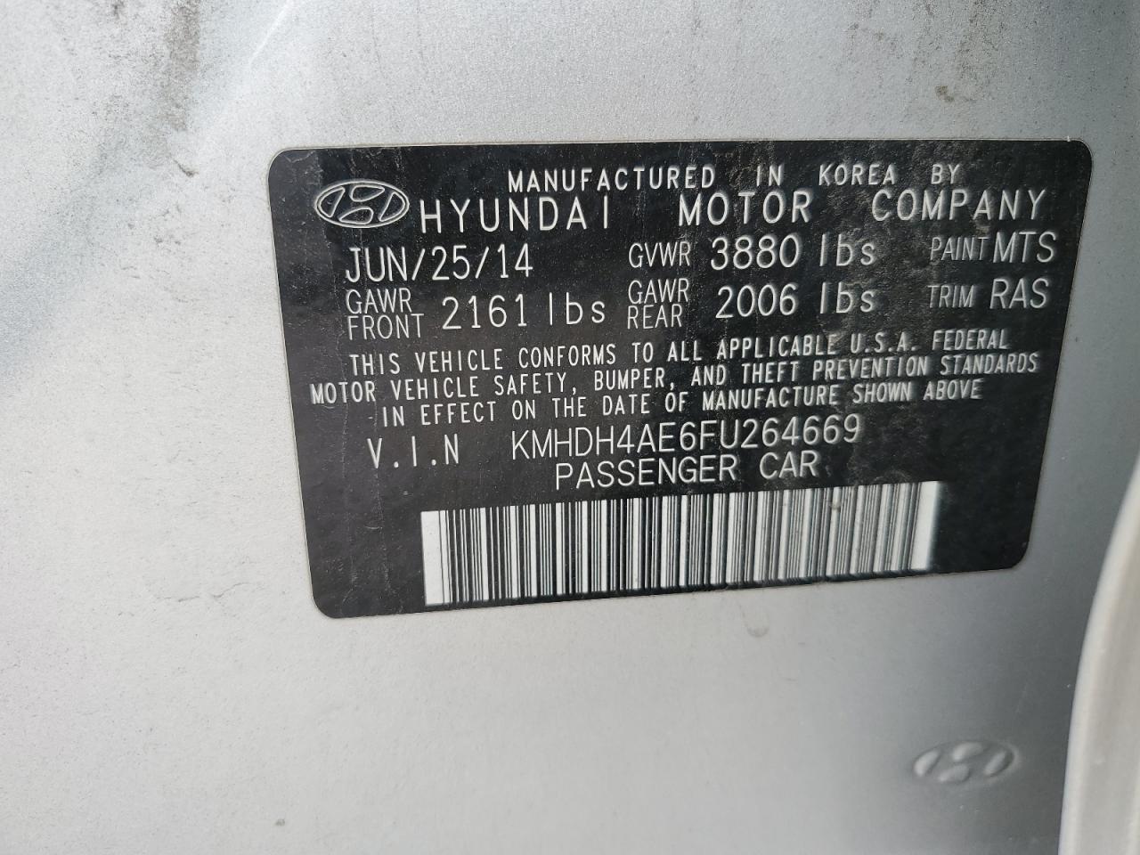 2015 Hyundai Elantra Se VIN: KMHDH4AE6FU264669 Lot: 66331974