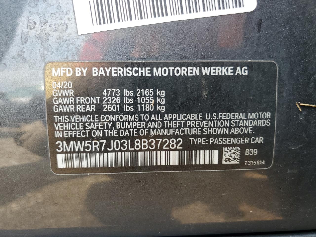 3MW5R7J03L8B37282 2020 BMW 330Xi