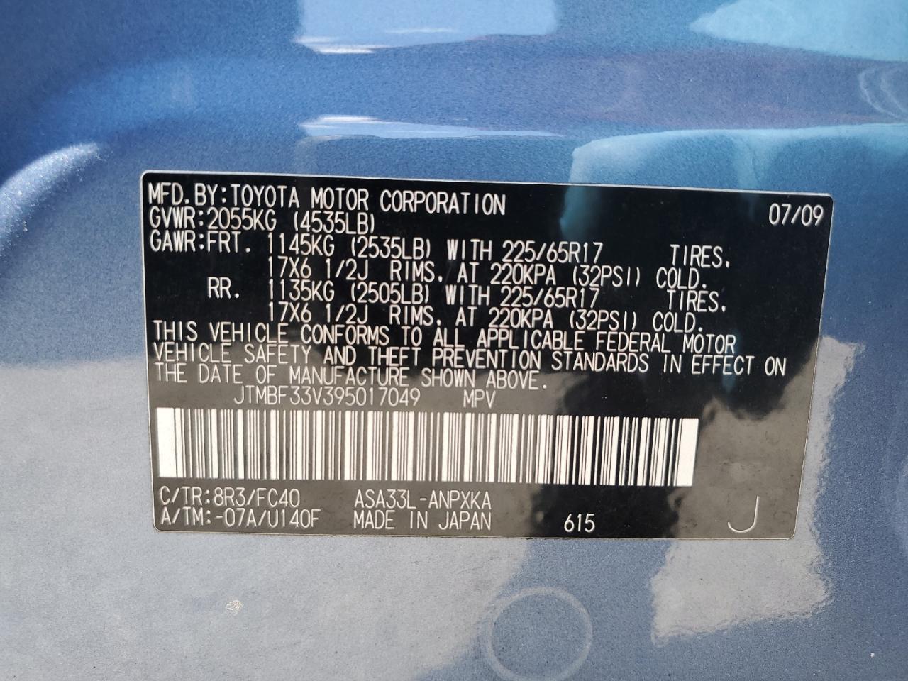 2009 Toyota Rav4 VIN: JTMBF33V395017049 Lot: 67345534