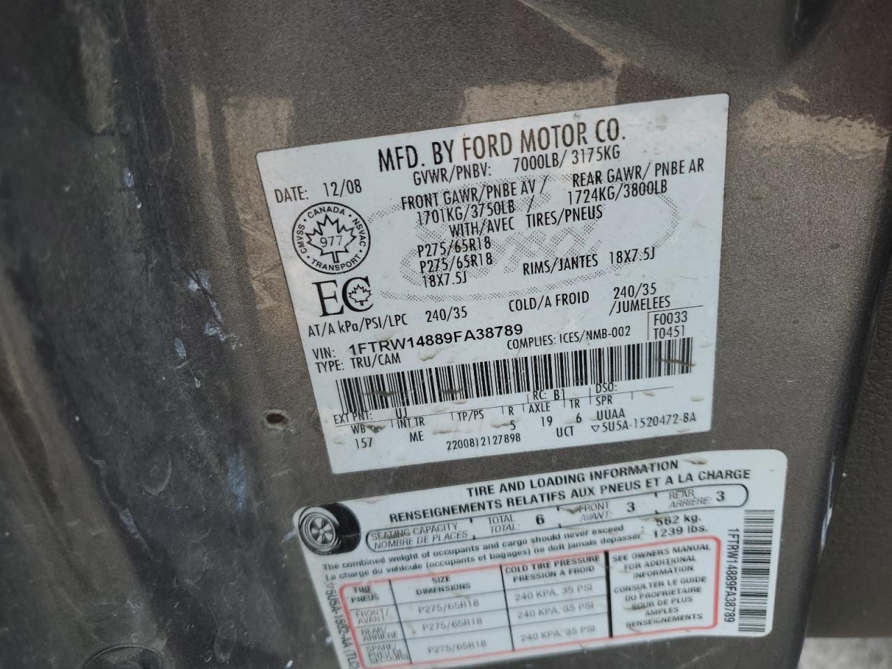 2009 Ford F150 Supercrew VIN: 1FTRW14889FA38789 Lot: 84750515