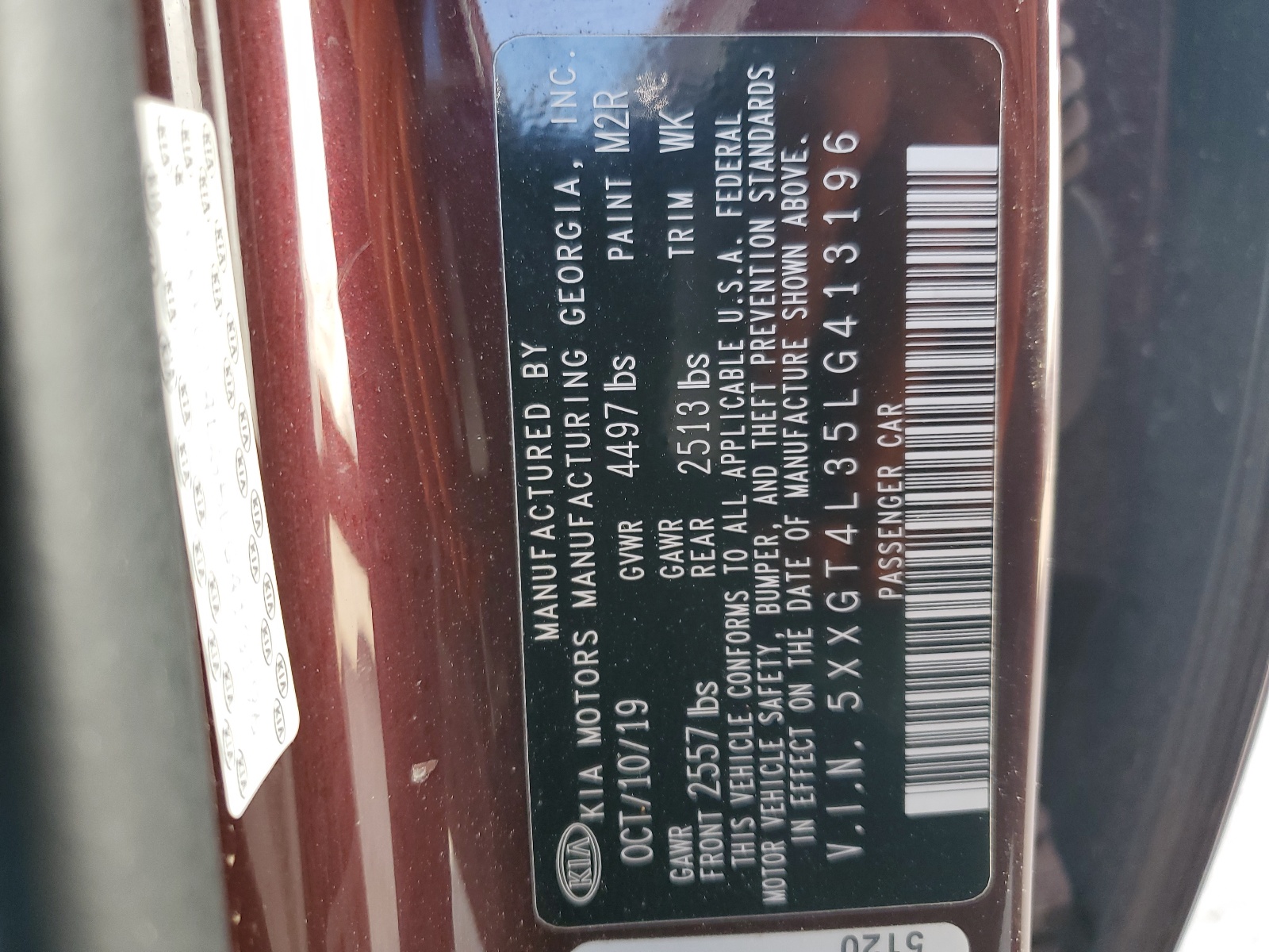 5XXGT4L35LG413196 2020 Kia Optima Lx