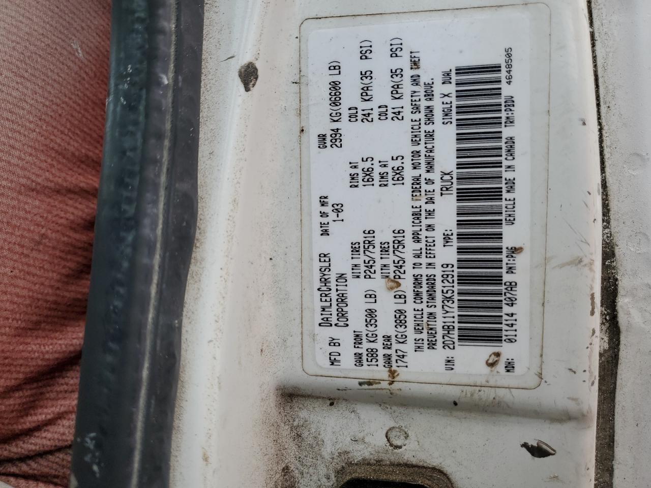 2003 Dodge Ram Van B1500 VIN: 2D7HB11Y73K512919 Lot: 68649244