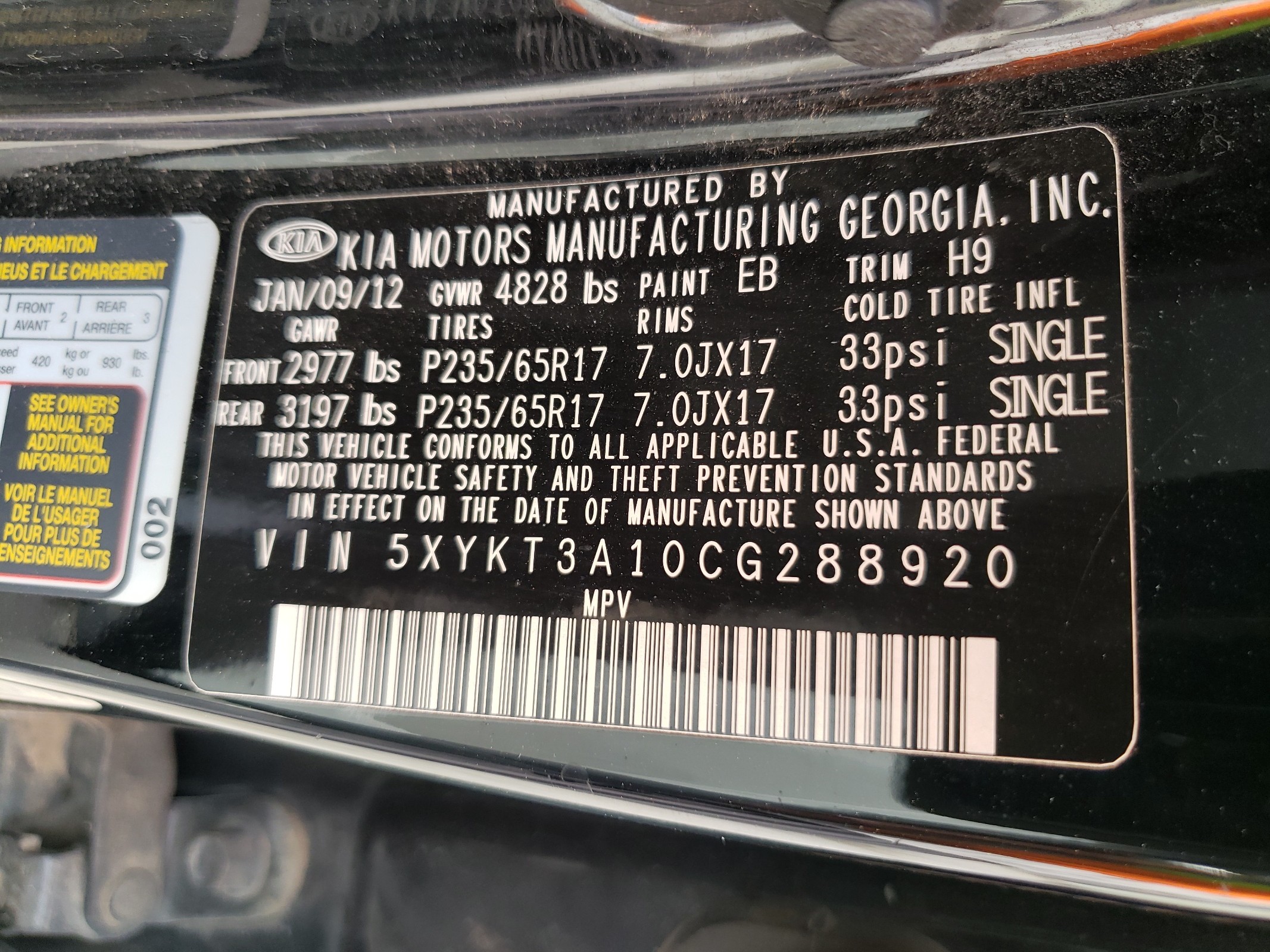 5XYKT3A10CG288920 2012 Kia Sorento Base