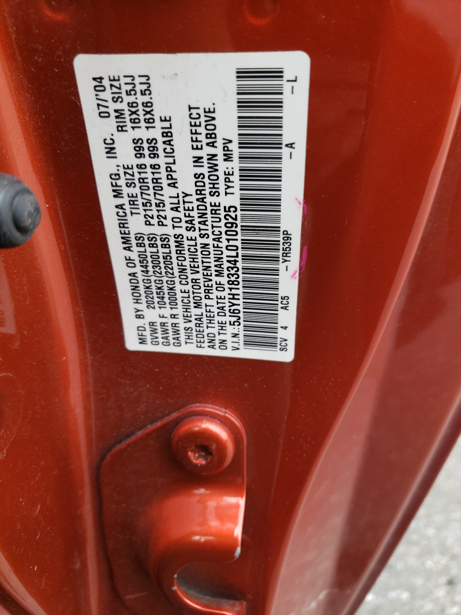 5J6YH18334L010925 2004 Honda Element Lx