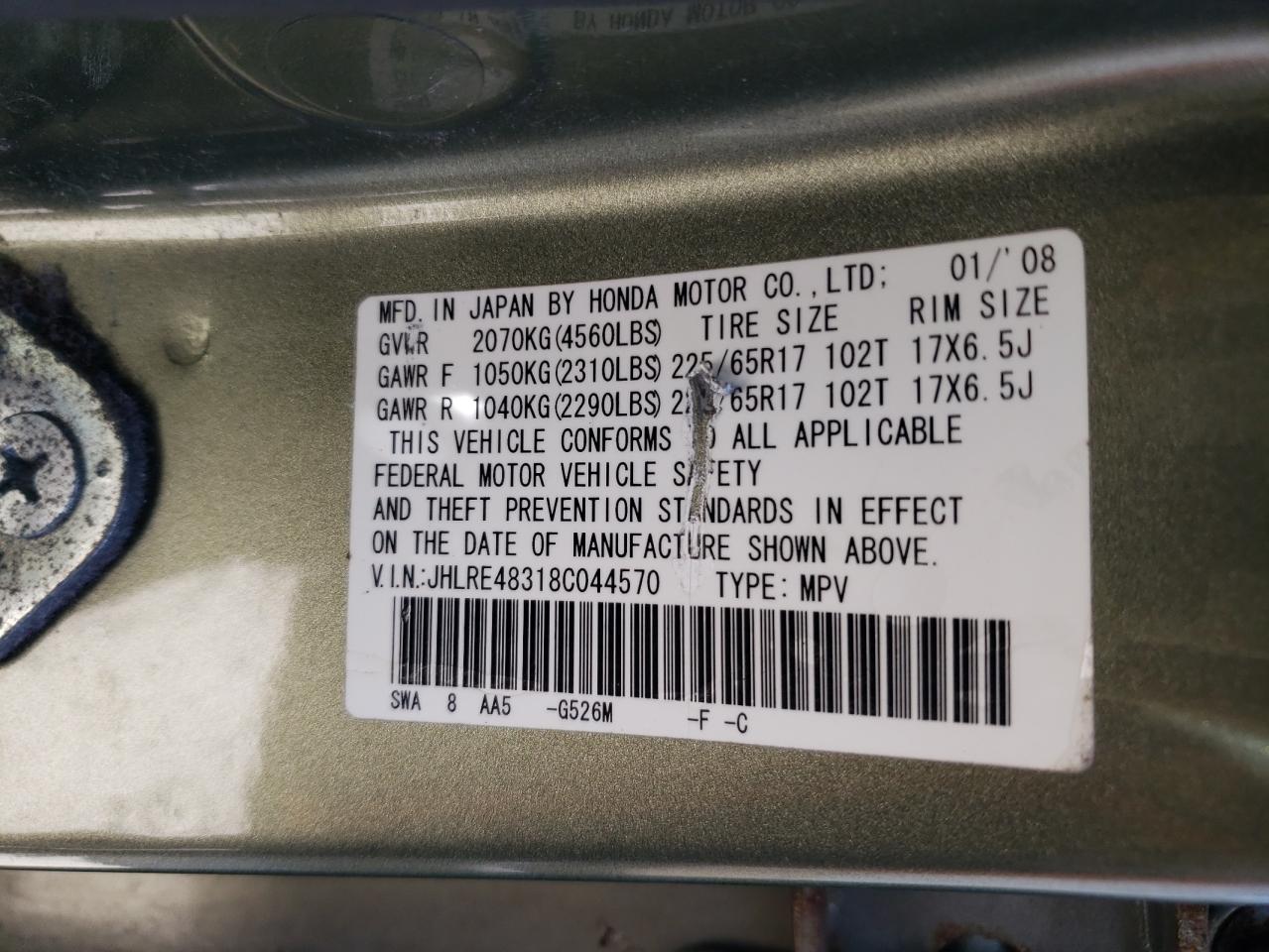 2008 Honda Cr-V Lx VIN: JHLRE48318C044570 Lot: 68626214