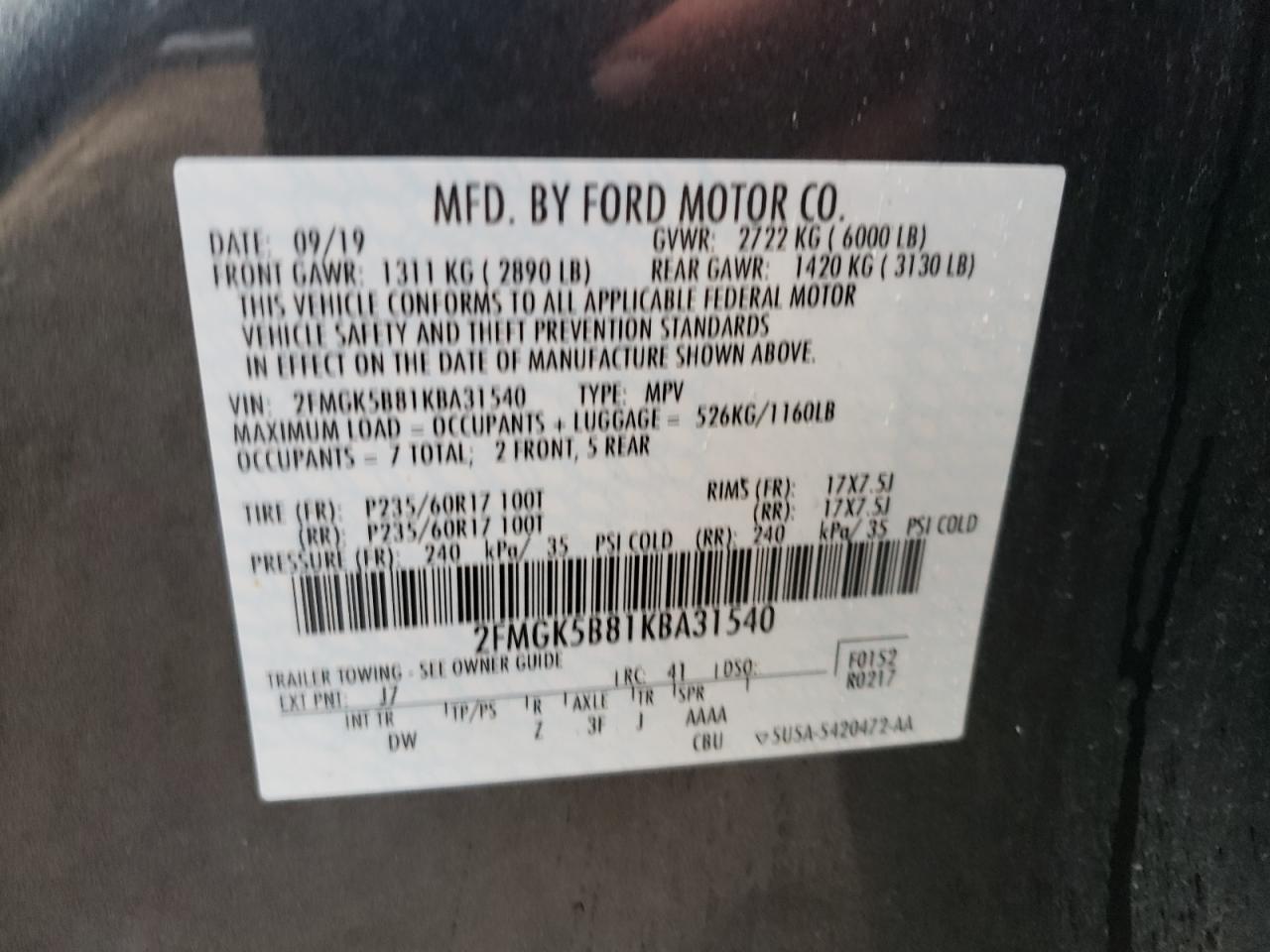 2019 Ford Flex Se VIN: 2FMGK5B81KBA31540 Lot: 66893644