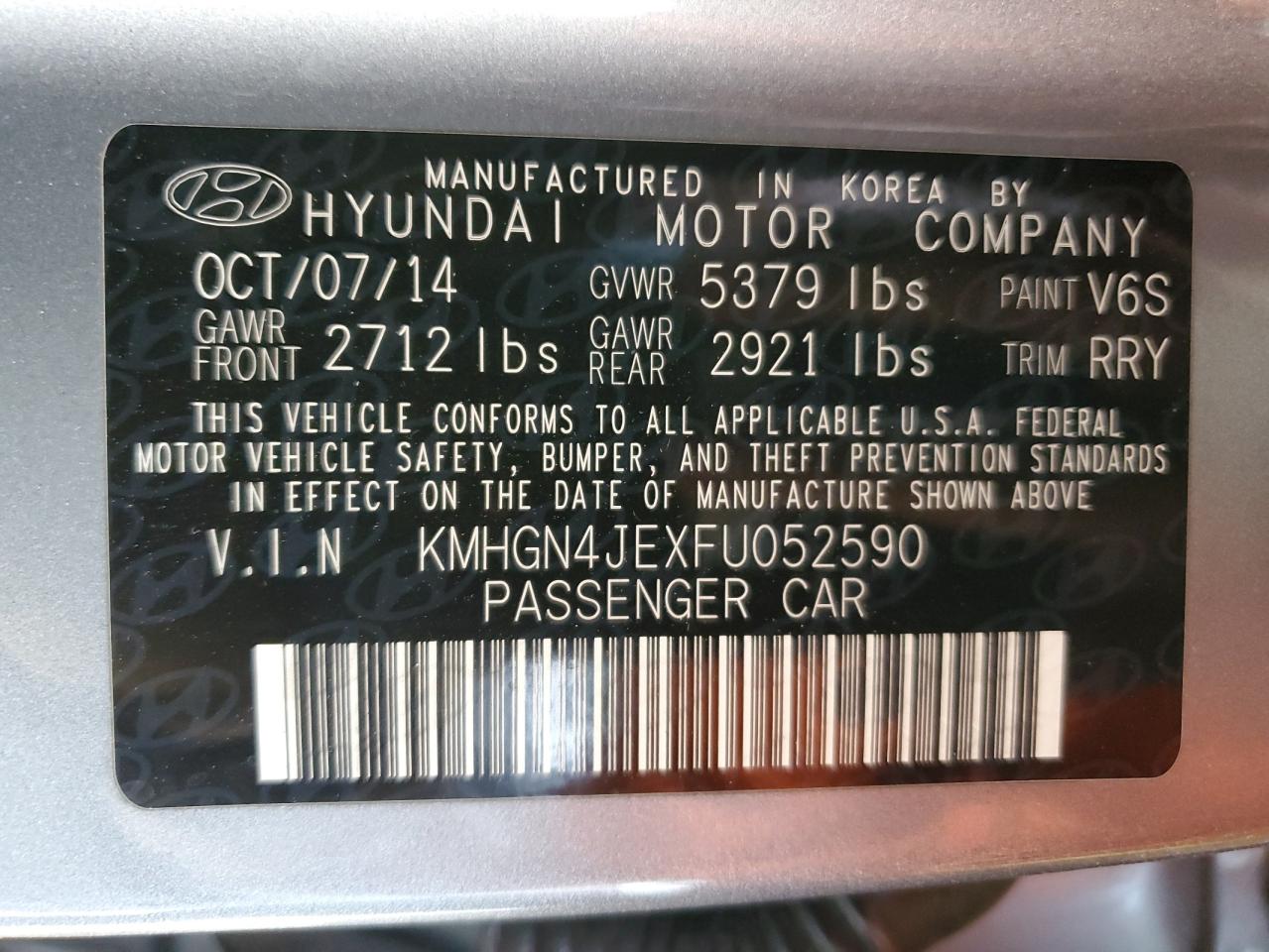 KMHGN4JEXFU052590 2015 Hyundai Genesis 3.8L