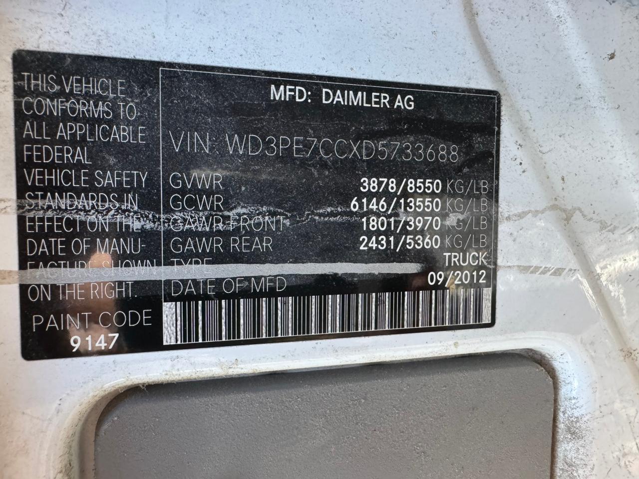 VIN WD3PE7CCXD5733688 2013 MERCEDES-BENZ SPRINTER no.11