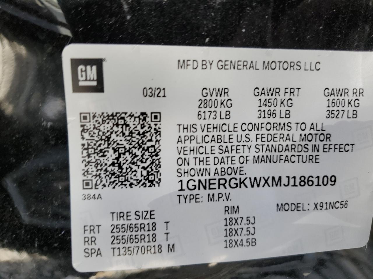 1GNERGKWXMJ186109 2021 Chevrolet Traverse Lt