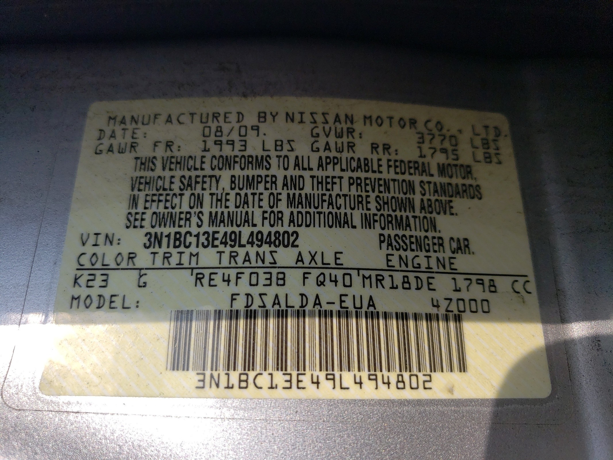 3N1BC13E49L494802 2009 Nissan Versa S