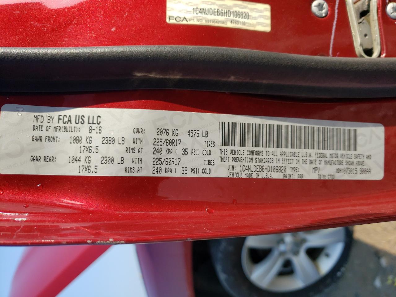 2017 Jeep Compass Latitude VIN: 1C4NJDEB6HD106820 Lot: 65737654