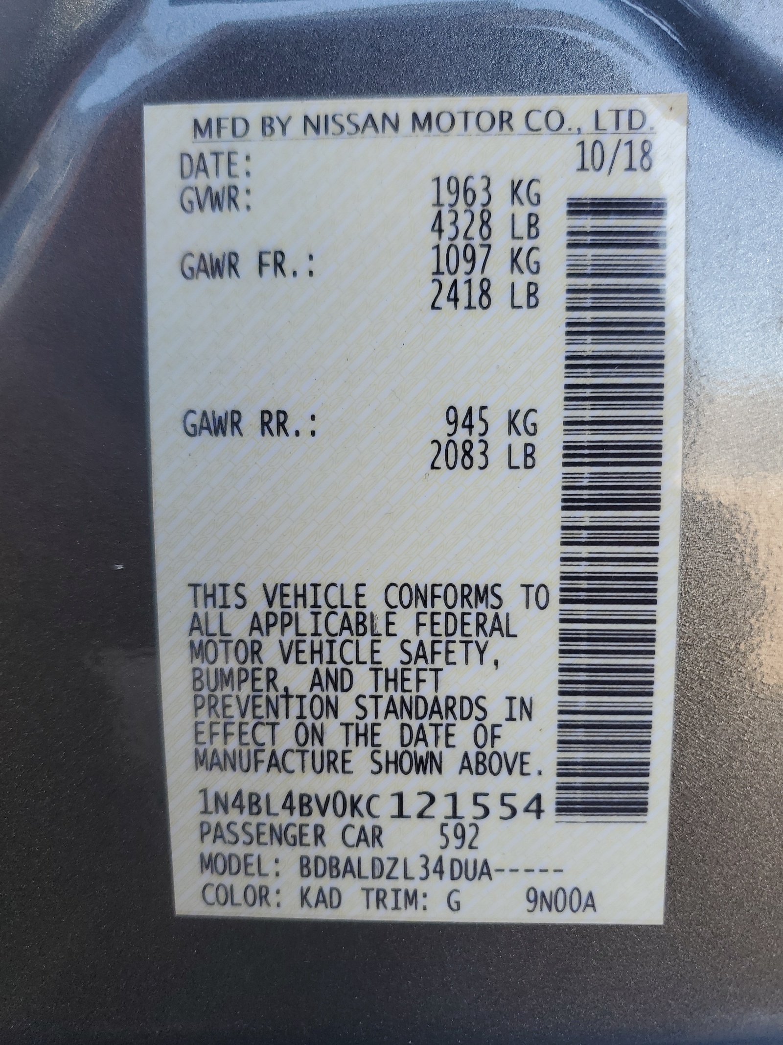 1N4BL4BV0KC121554 2019 Nissan Altima S