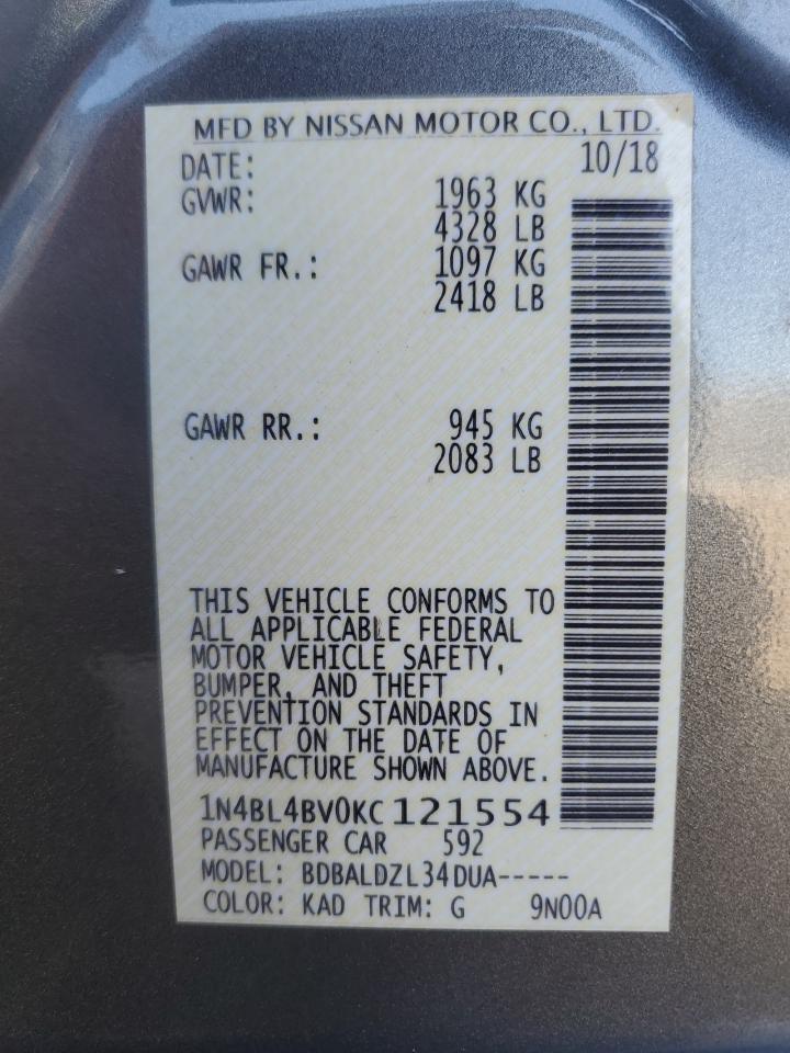 2019 Nissan Altima S VIN: 1N4BL4BV0KC121554 Lot: 67996234