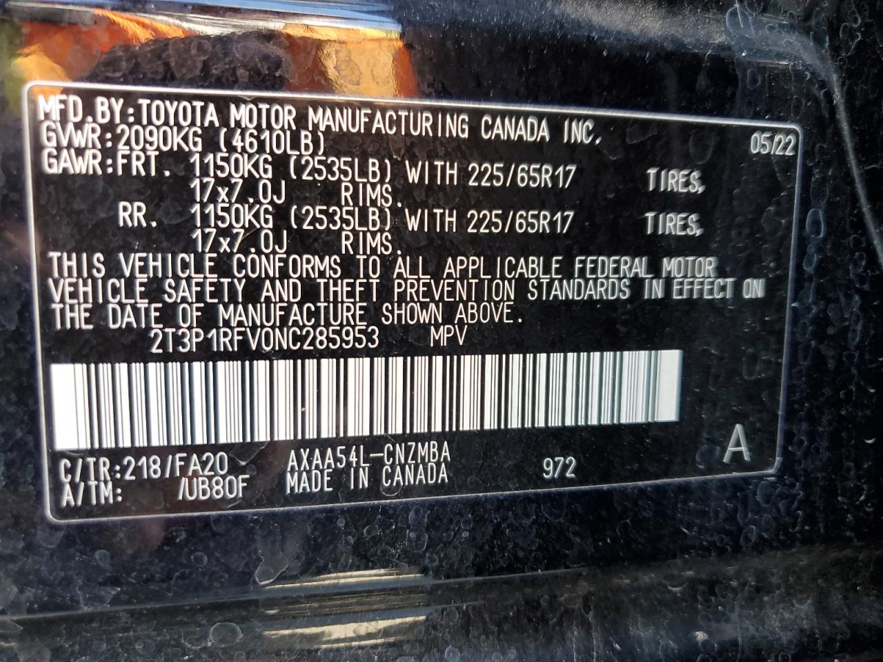 2T3P1RFV0NC285953 2022 Toyota Rav4 Xle