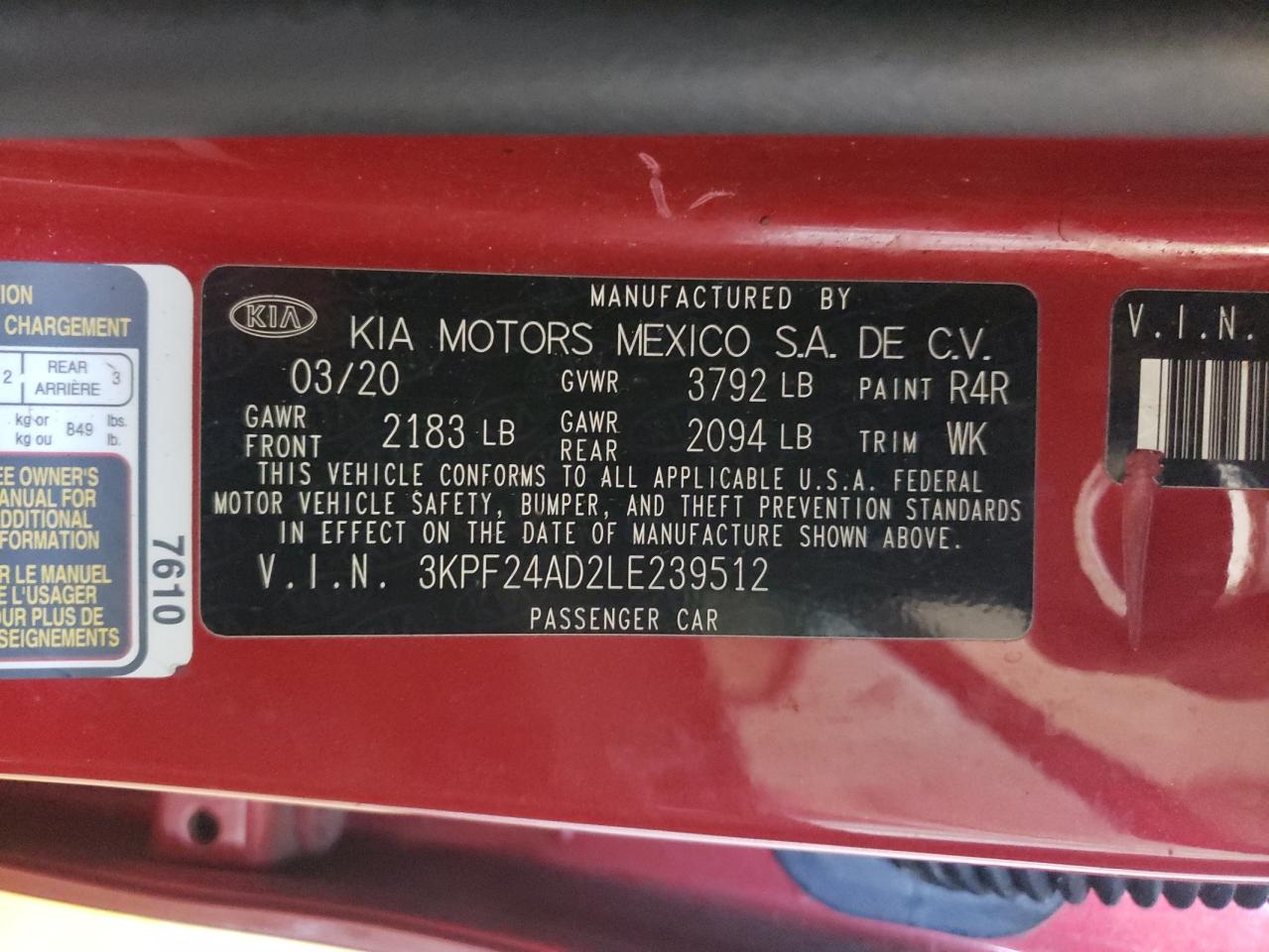 2020 Kia Forte Fe VIN: 3KPF24AD2LE239512 Lot: 68927714